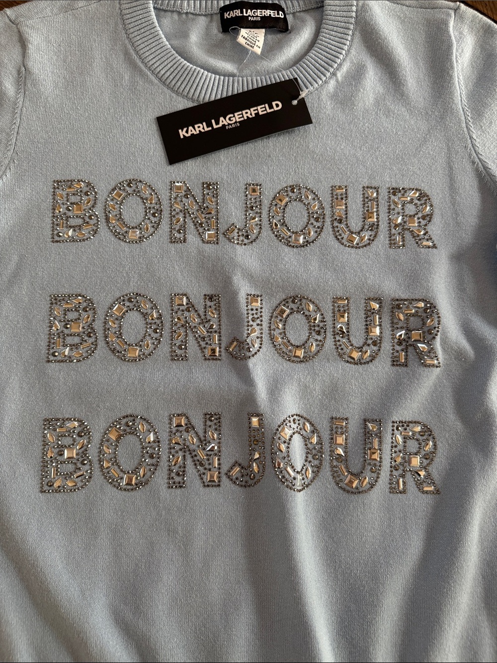 Karl Lagerfeld Women’s Smal Pale Blue 'Bonjour' Embellished Short Sleeve Sweater - Picture 4 of 4